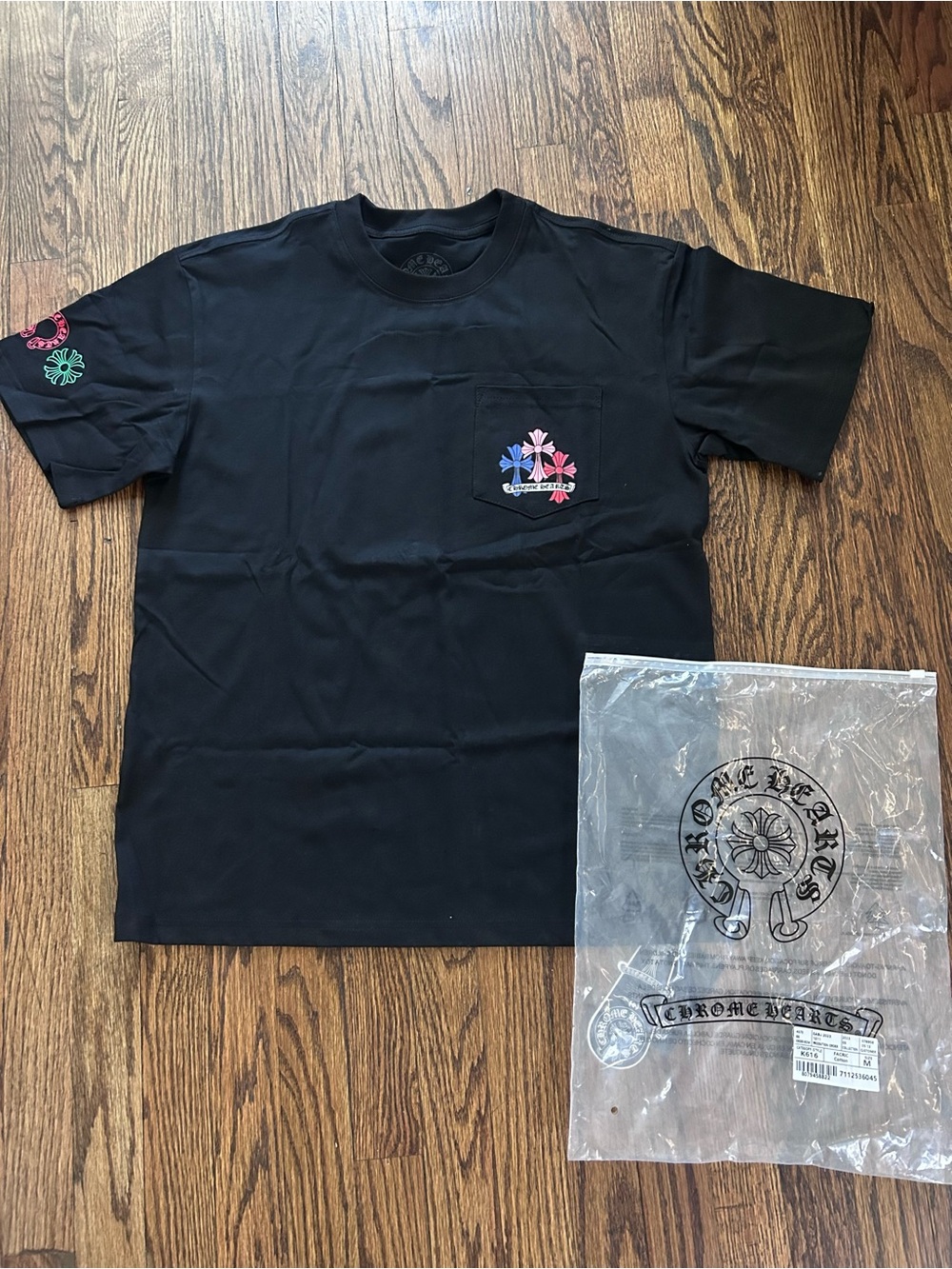 Chrome Hearts Black Short Sleeve Pocket Tee with Pink & Blue Cross Motifs